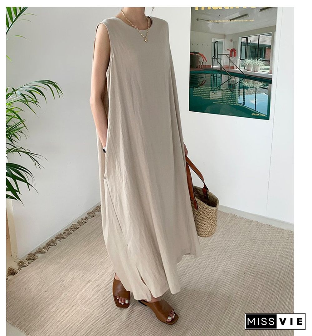 V Neck Linen Plain Casual Casualdress