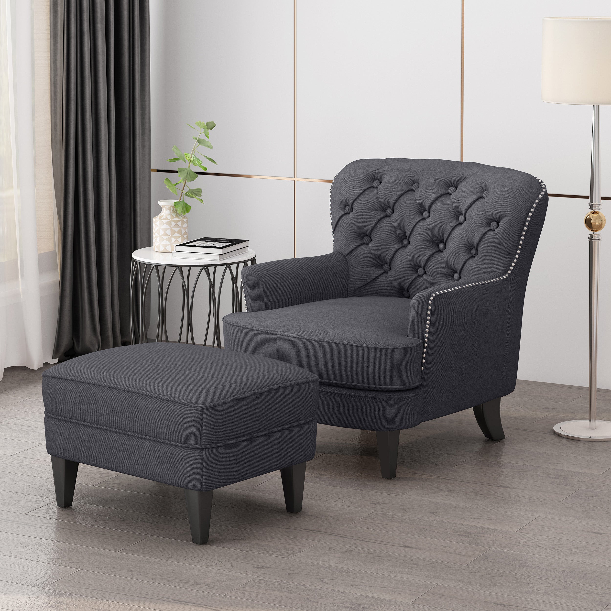 Jaxen Contemporary Tufted Fabric Club Chair and Ottoman Set