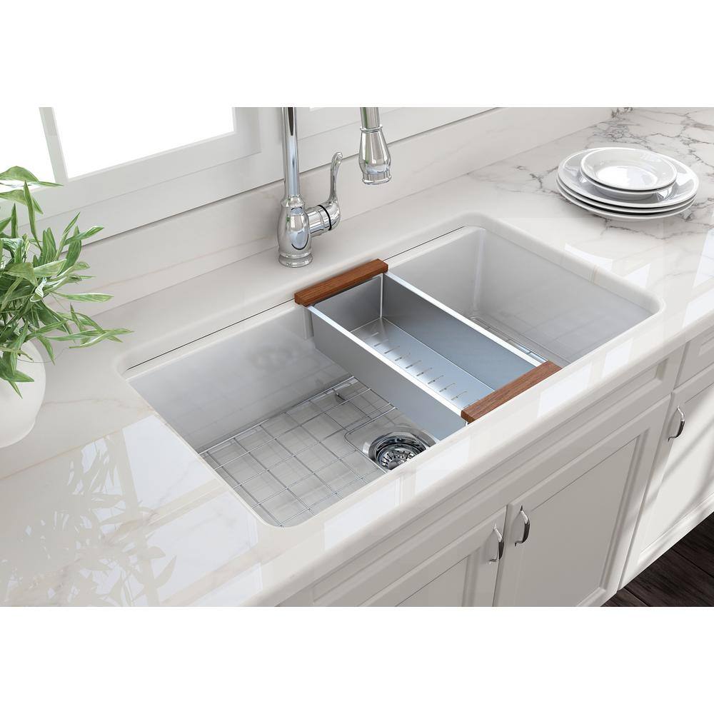 BOCCHI Sotto White Fireclay 32 in. Single Bowl Undermount Kitchen Sink wAccessories 1362-001-KIT1