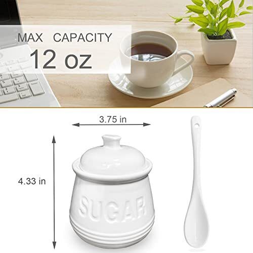 12oz Sugar Bowl with Lid and Spoon， Ceramic Sugar Containers， White