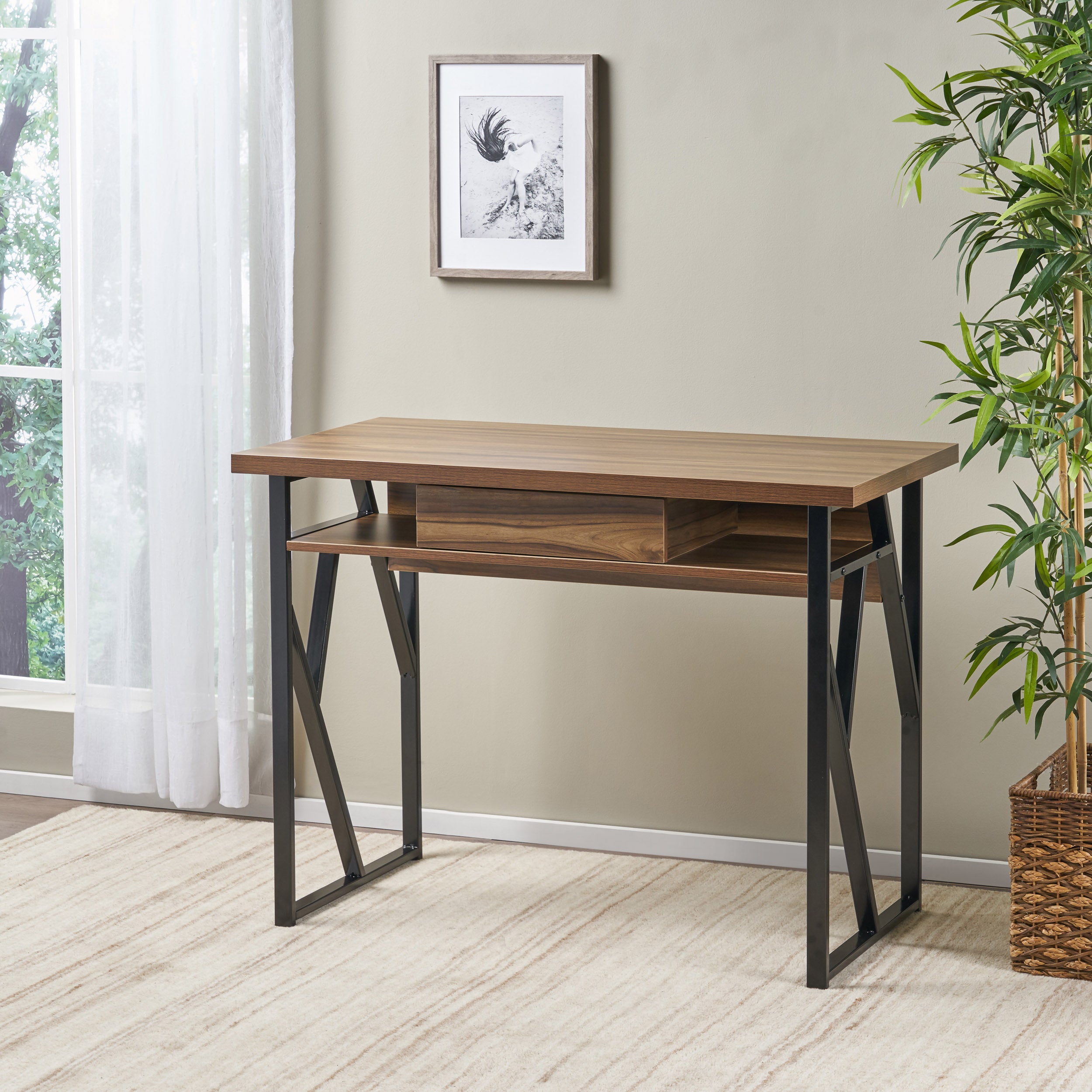 Janet Modern Industrial Iron Frame Writing Desk with Drawer