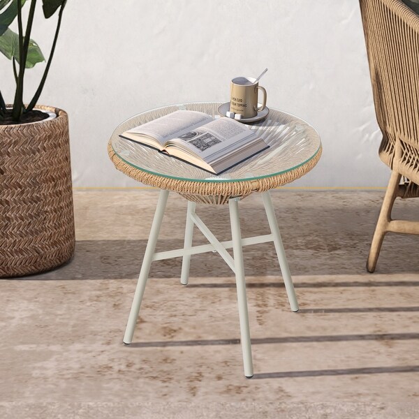 Patio Watcher Outdoor PE Rattan Side Table with 5mm Tempered Glass Top