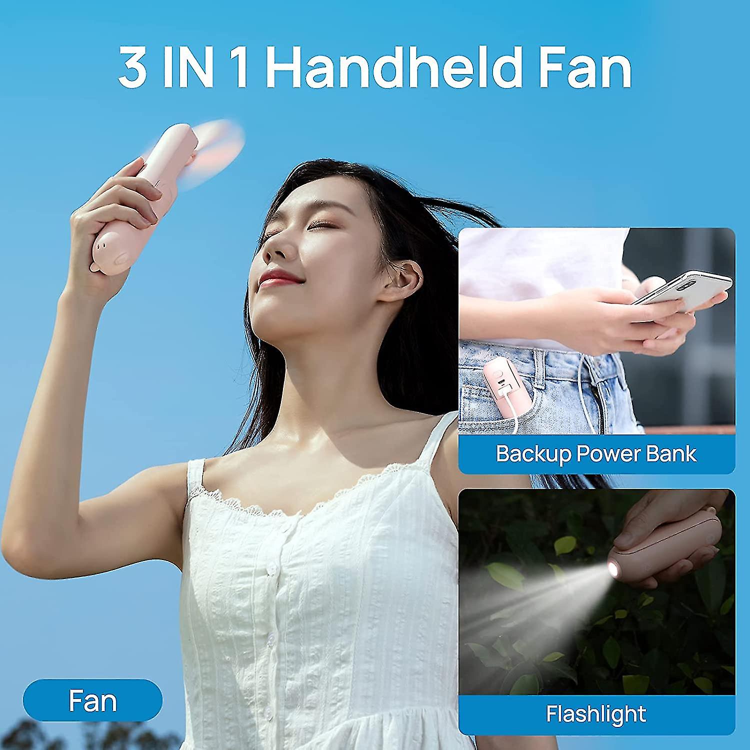 Handheld Mini Fan， 3 In 1 Hand Fan， Portable Usb Rechargeable Small Pocket Fan， Battery Operated Fan [14-21 Working Hours] With Power Bank， Flashlight