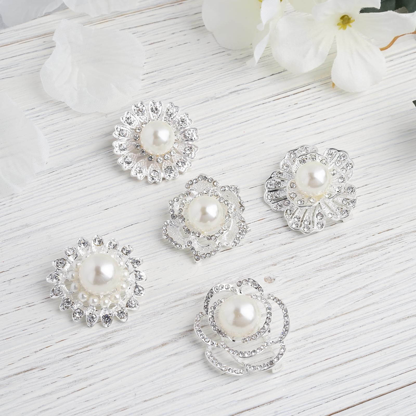 5 Pack Assorted Silver Plated Rhinestone Brooches with Pearl Center Floral Sash Pin Brooch Bouquet Decor