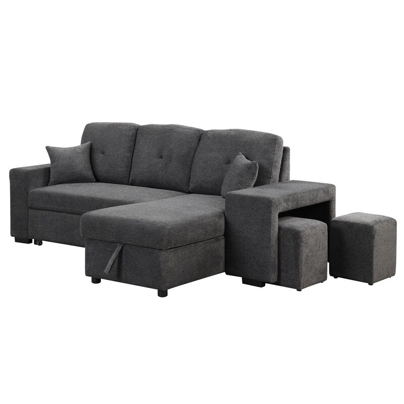 Reversible Sleeper Sectional Sofa Couch with Side Shelf and 2 Stools  Pull Out L Shaped Sofa Bed  Corner Sofa Bed with Storage