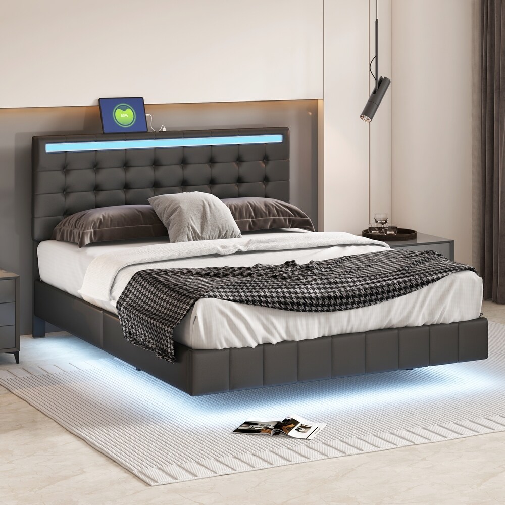 Floating Bed Frame with LED Lights and USB Charging Modern Upholstered Platform LED Bed Frame