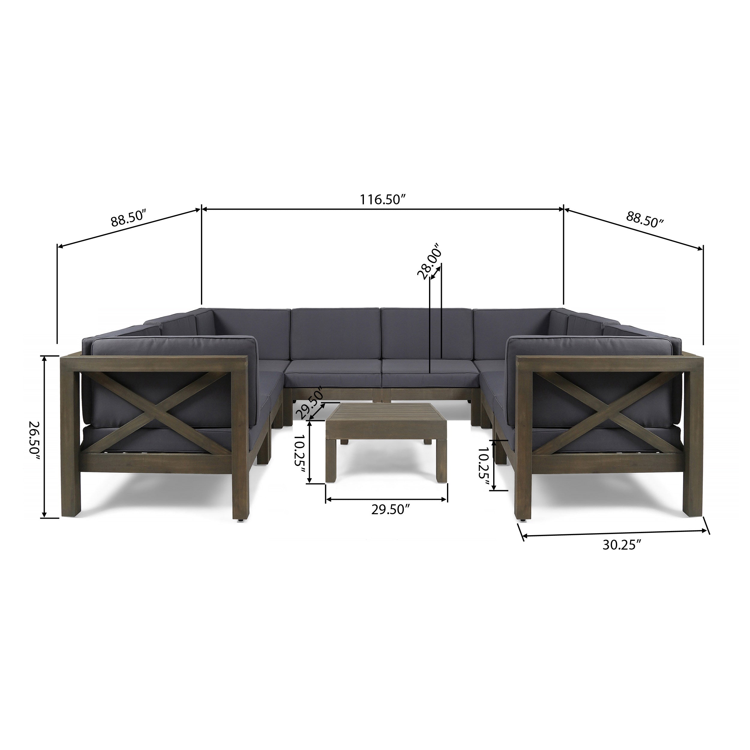 Keith Outdoor Acacia Wood 8 Seater U-Shaped Sectional Sofa Set with Coffee Table