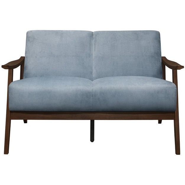 Carlson Velvet Upholstered Loveseat In Blue Gray And Dark Walnut Lexicon