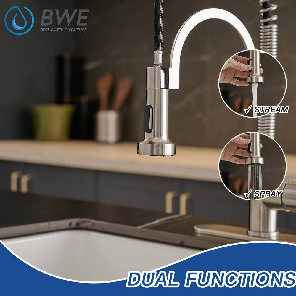 BWE Single-Handle Pull-Down Sprayer 2 Spray High Arc Kitchen Faucet in Brushed Nickel A-94004-N