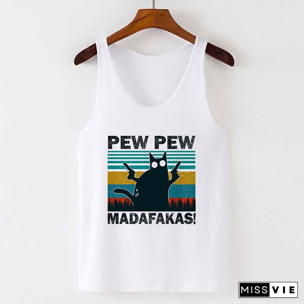 Camisole Sexy Vest Tank Tops Murderous Black Cat With Gun Funny Pew Pew Madafakas Print Women Sleeveless Halloween T Shirt