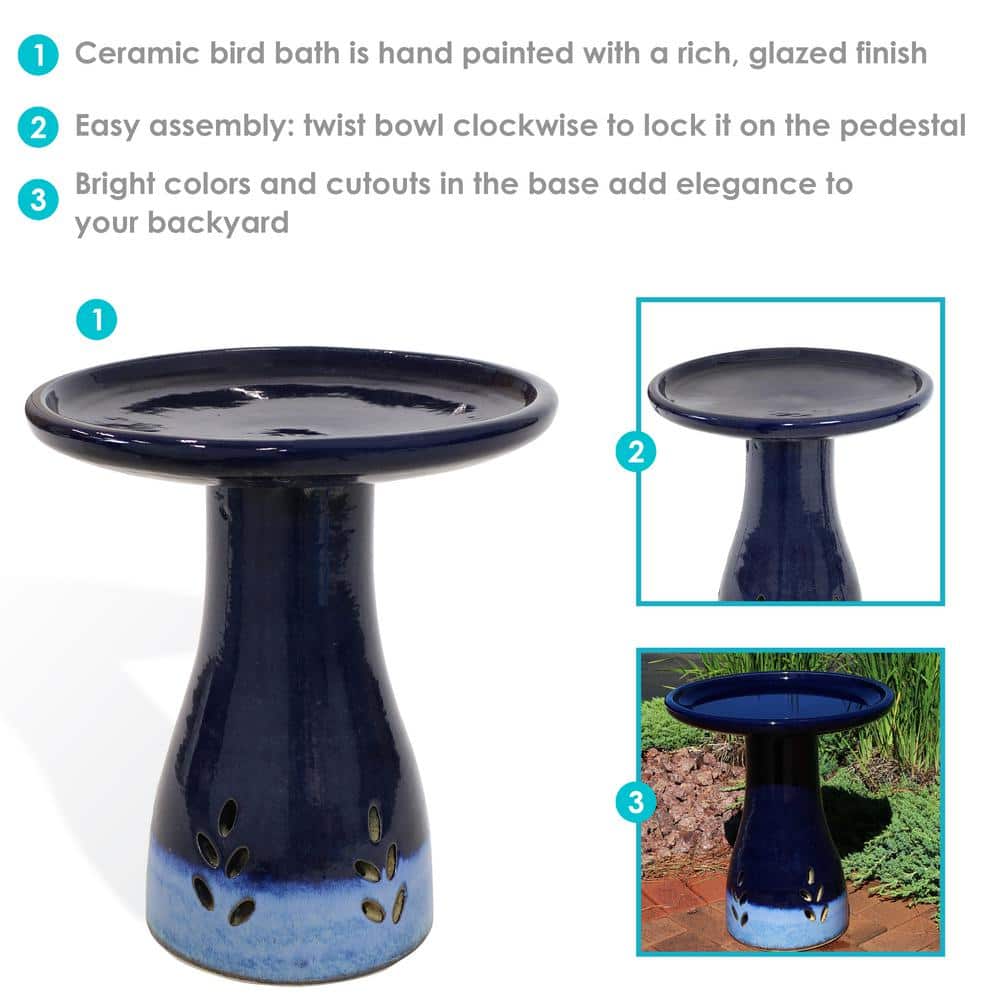 Sunnydaze Decor Classic Dark Blue Ceramic Outdoor Bird Bath， UV/Frost Resistant AP-398