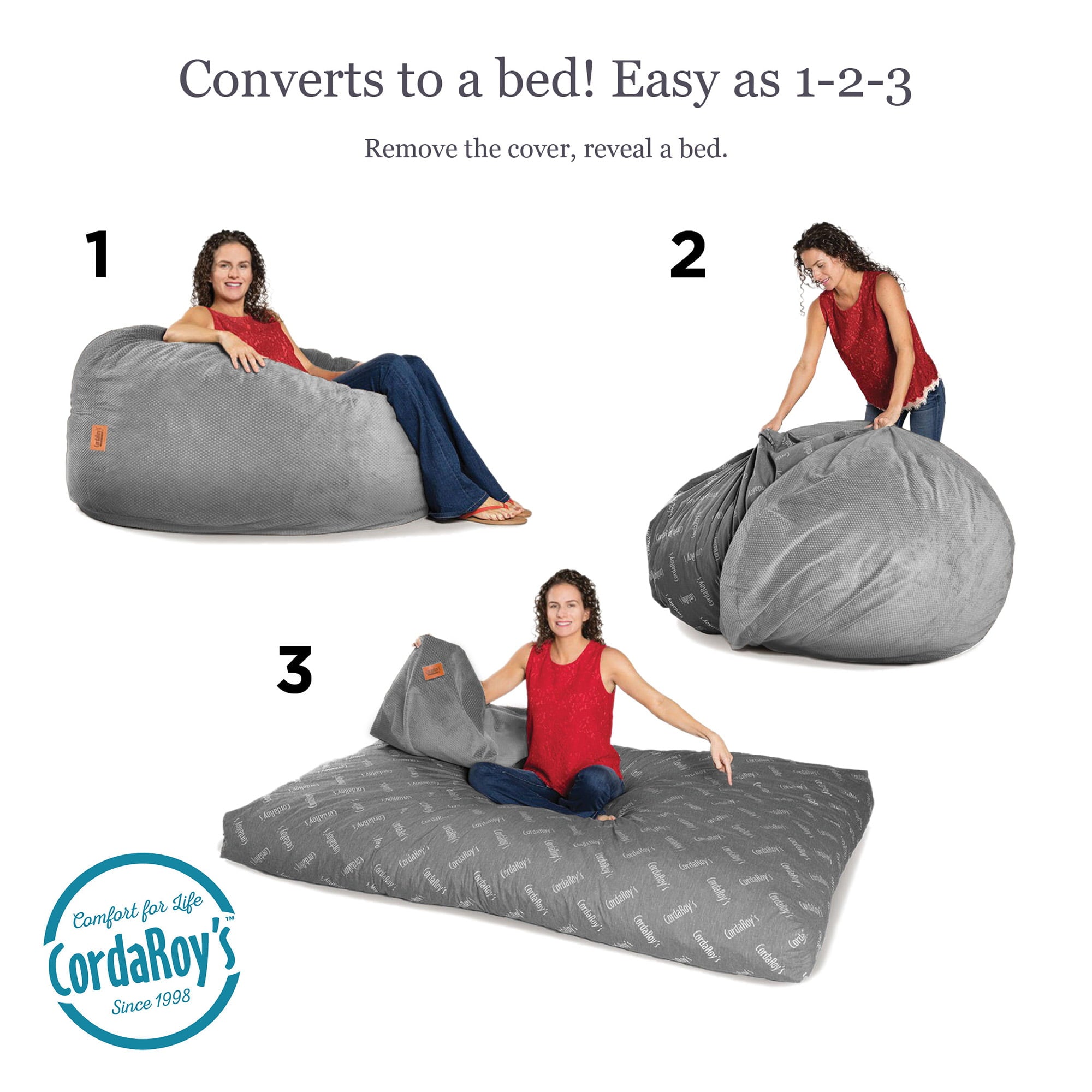 CordaRoy's Convertible Chenille Full Size Bean Bag Chair, Charcoal