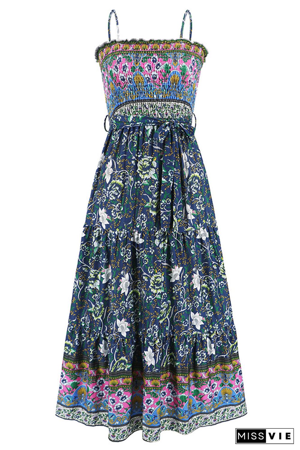 Boho Floral Print Smocked Bandeau Spaghetti Strap Maxi Dress