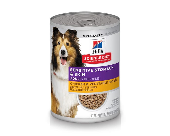 Hills® Science Diet® Adult Sensitive Stomach and Skin Chicken and Vegetable Entree Wet Dog Food， 12.8 oz. Can