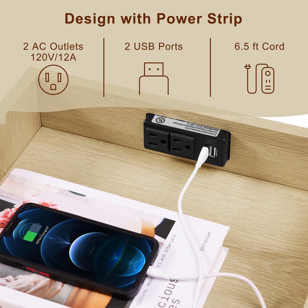 Natural Handmade Rattan Nightstand with Socket 2PC