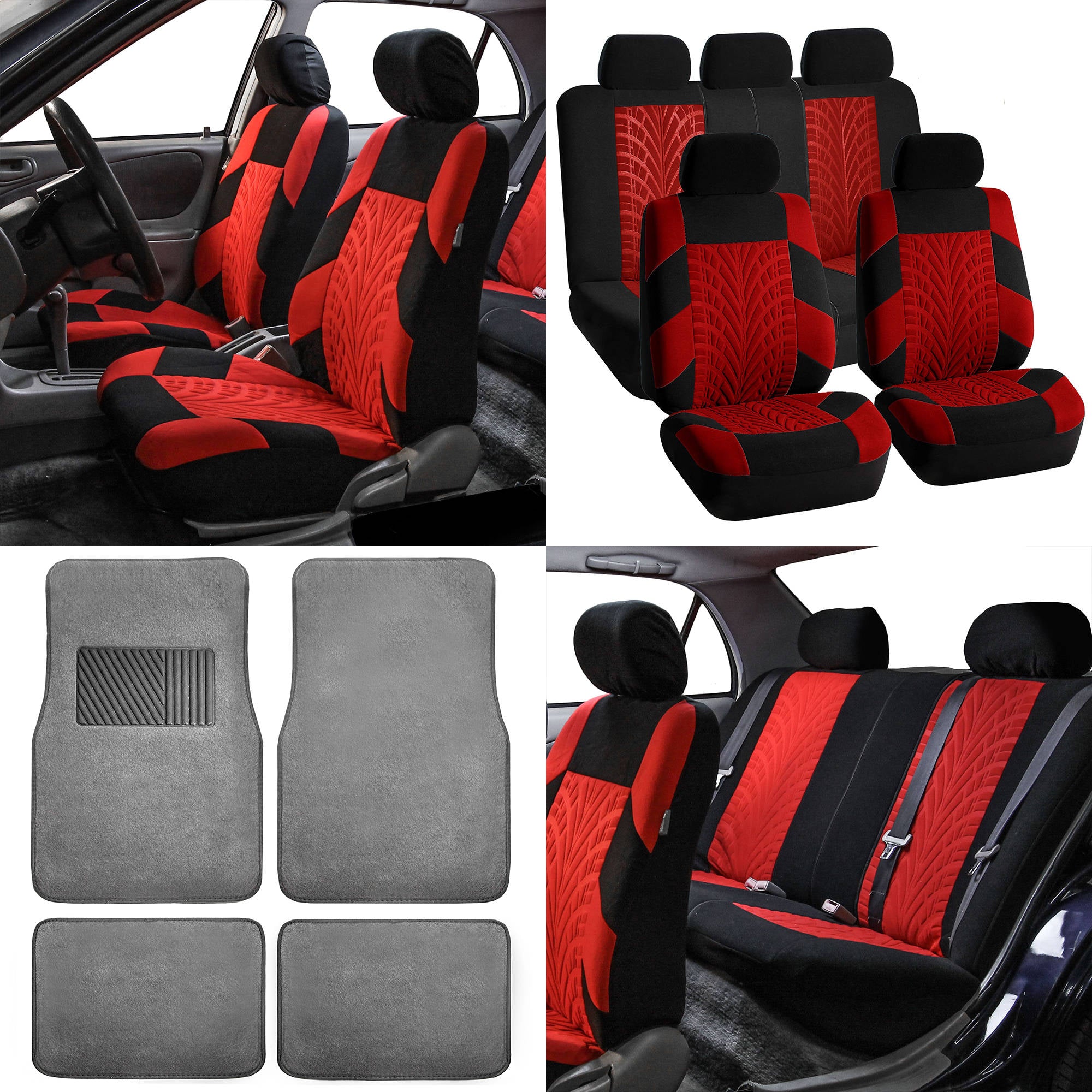 FH Group FH Travel Master Car Seat Covers for Auto Complete Seat Covers Set with Gray Premium Carpet Floor Mats Red Black