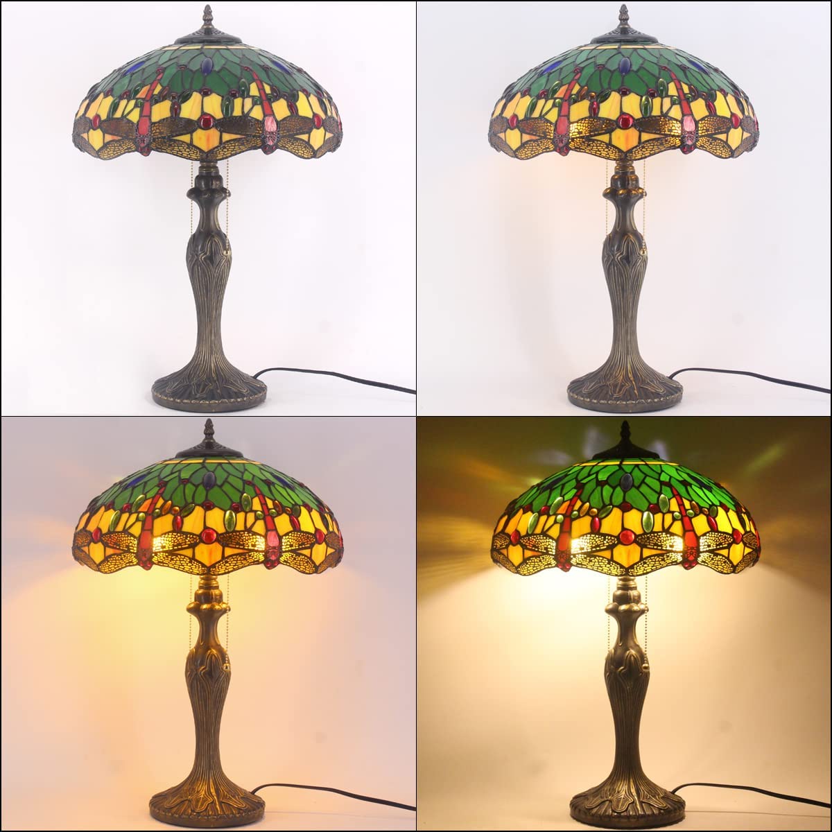 Tiffany Lamp Stained Glass Bedside Table Lamp Green Yellow Dragonfly 16X16X24 Inches Desk Reading Light Metal Base Decor Bedroom Living Room Home Office S009G Series