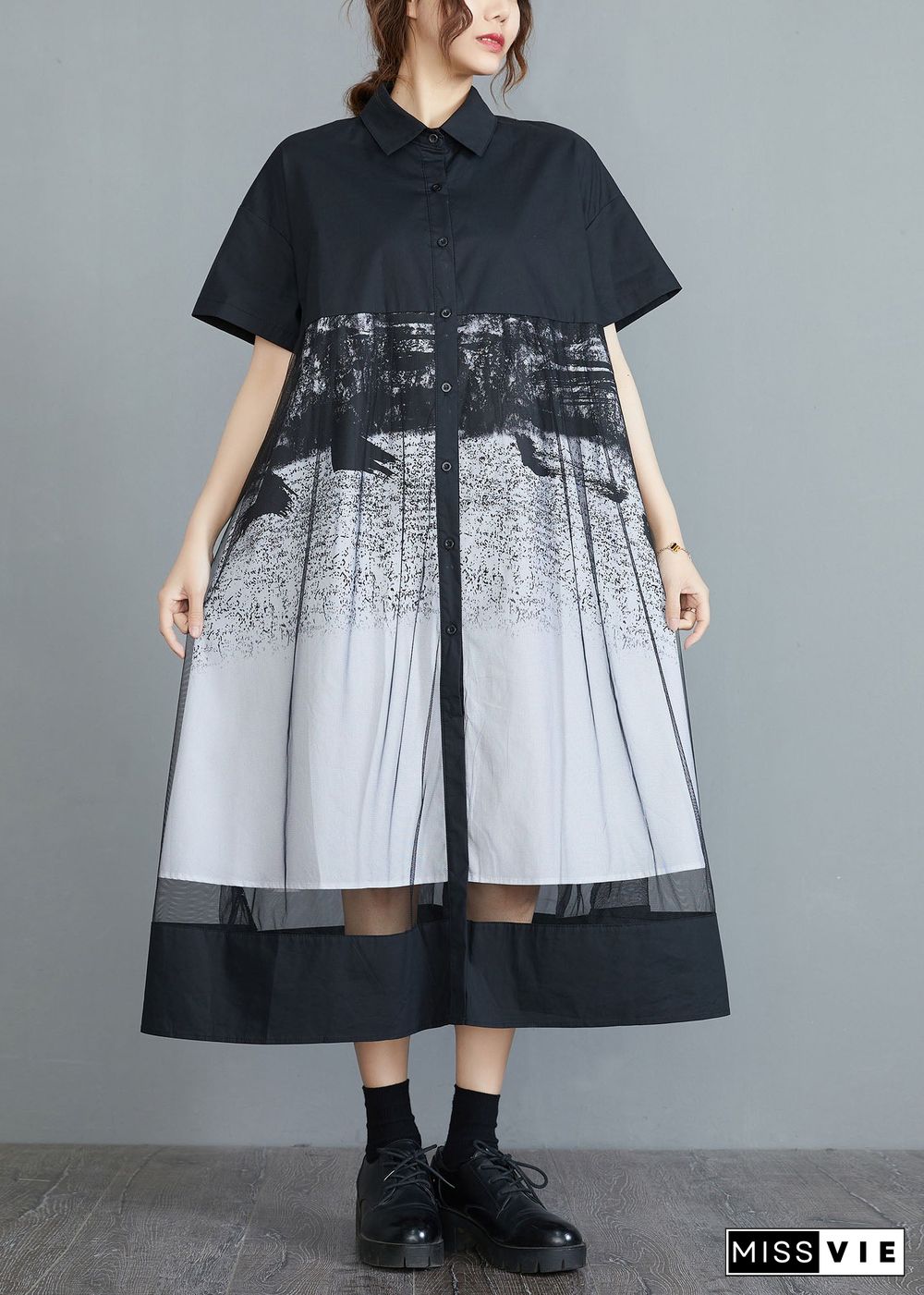 Style Black Peter Pan Collar Tulle Patchwork Cotton Maxi Dresses Short Sleeve