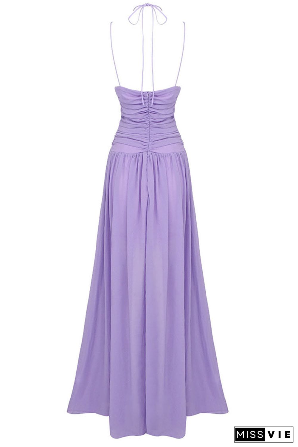 Flowy Deep V Cutout Ruched Sleeveless Chiffon Evening Maxi Dress - Purple