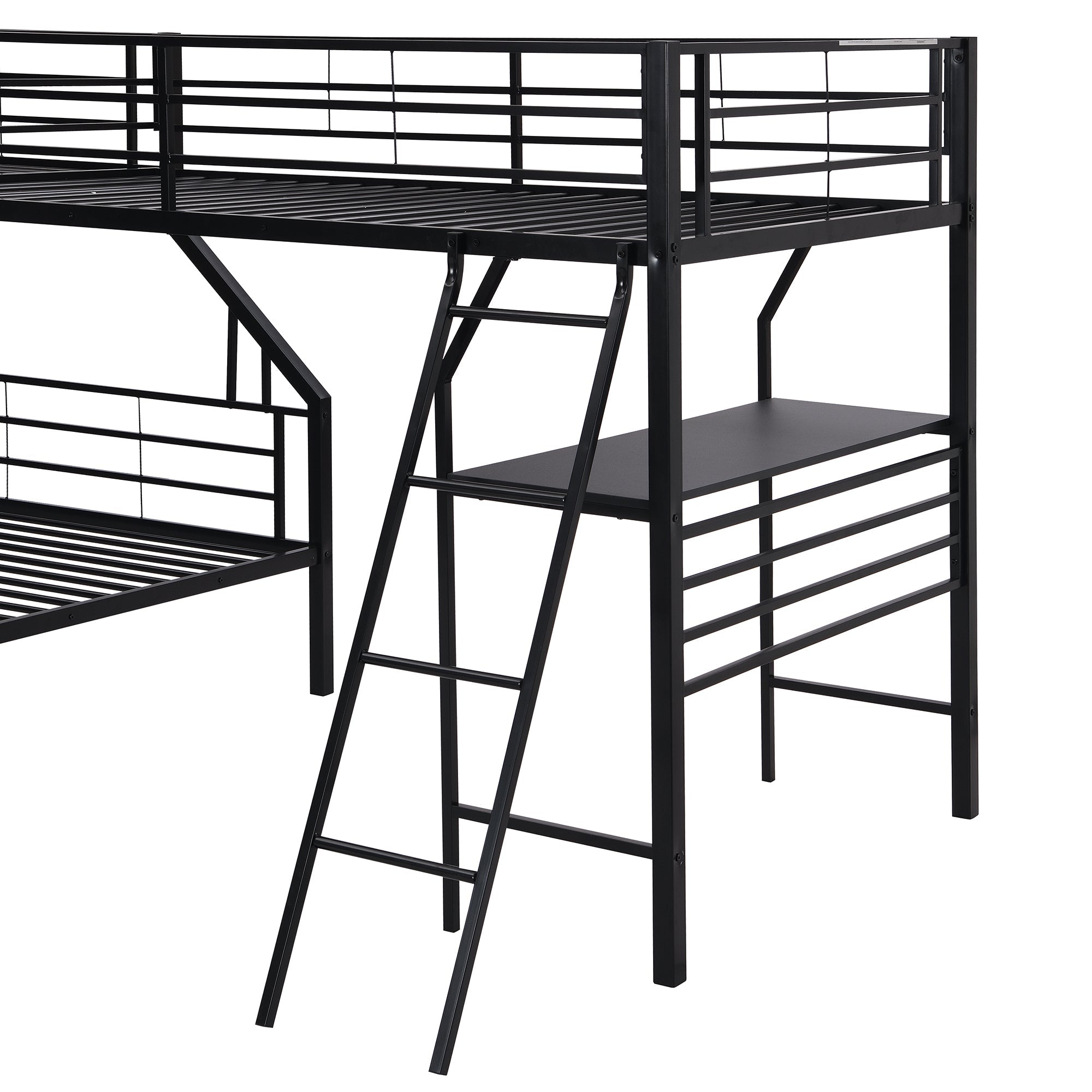 Euroco Twin L-Shaped Metal Bunk Bed with Built-in Study Desk for Kids' Bedroom, Black