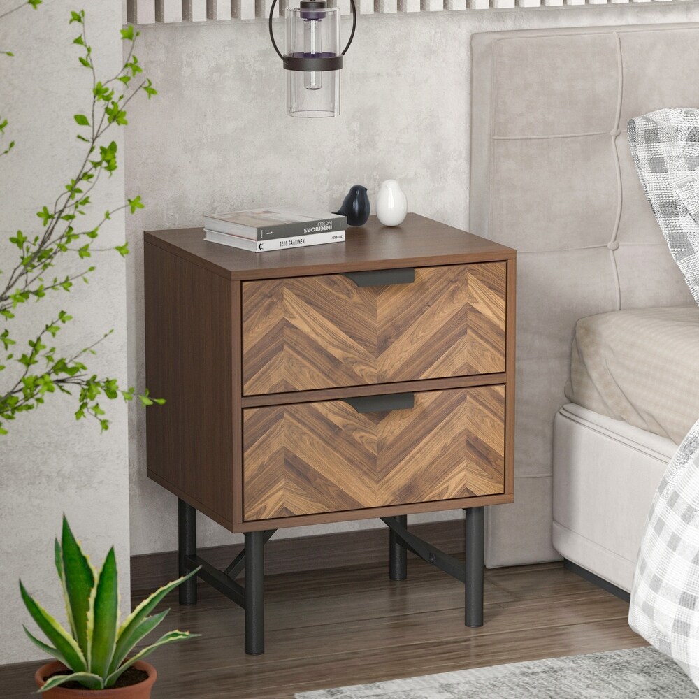 Kerrogee 2 Drawer Nightstand with Metal Leg   Bedside Table   Brown