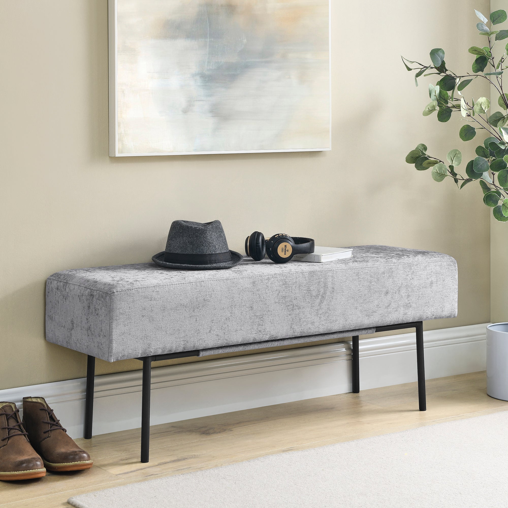 Contemporary Style Bedroom Chenille Upholstered Bench, Grey,( 45'' x13''x 17''）