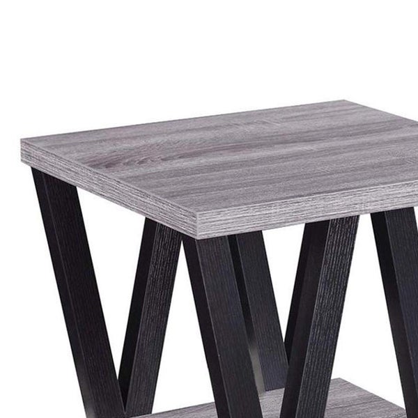 Zig-zag Contemporary Solid Wooden End Table With Bottom Shelf， Grey And Black