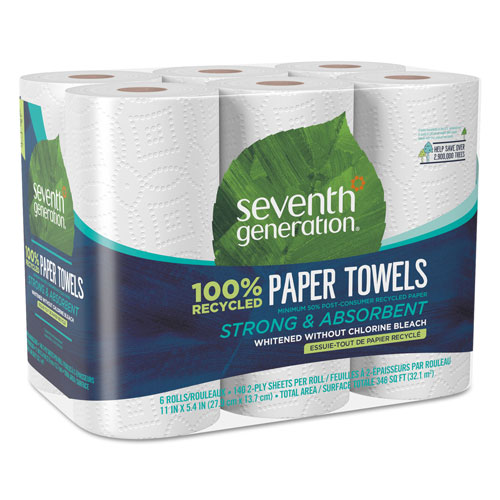 Unilever Seventh Generation 100% Recycled Paper Towel Rolls | 2-Ply， 11 x 5.4 Sheets， 140 Sheets per Roll， 6 Roll Pack， 840 Sheets Total | SEV13731