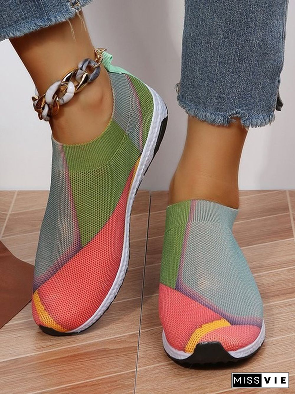 Thick Sole Color Blocking Fly Woven Mesh Slip-On Sneakers Lazy Casual Shoes