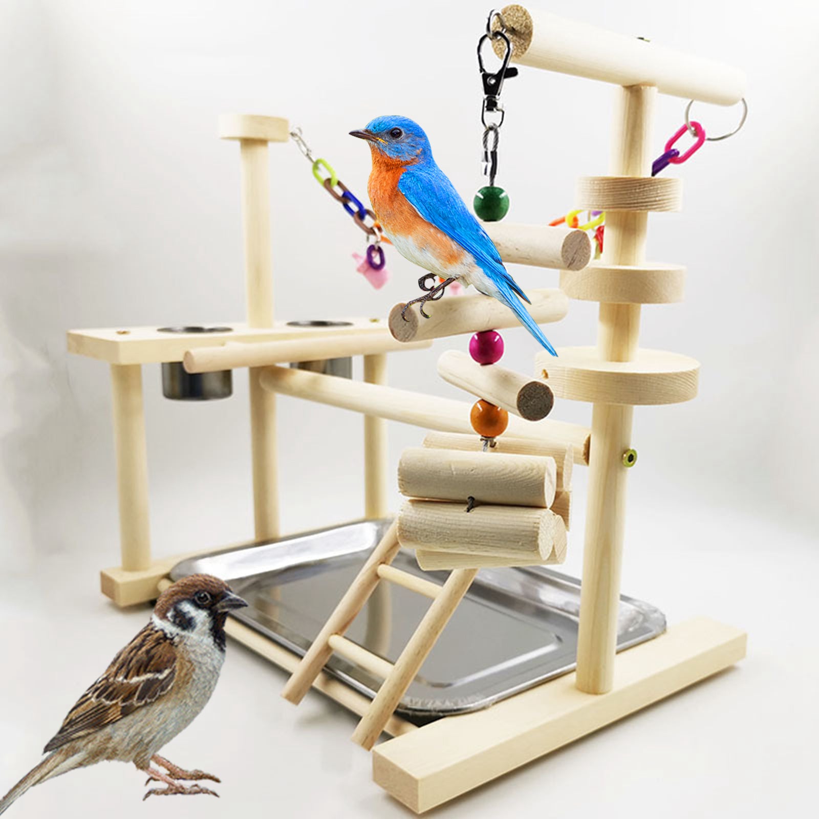 Wooden Parrot Playstand Perch Gym with Feeder Cups Cockatiel Bird Play Stand