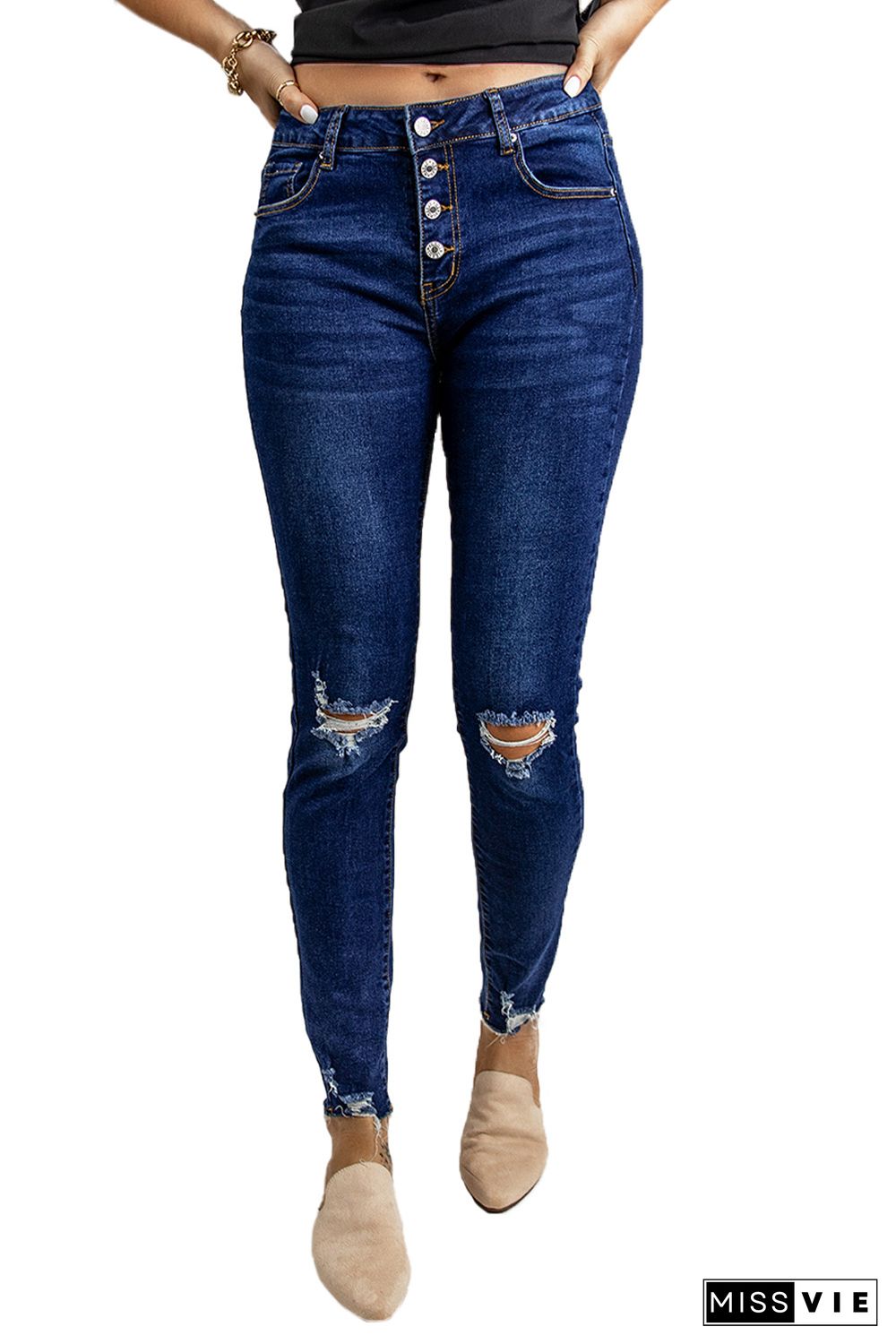 Blue Ripped Button Fly Skinny Jeans