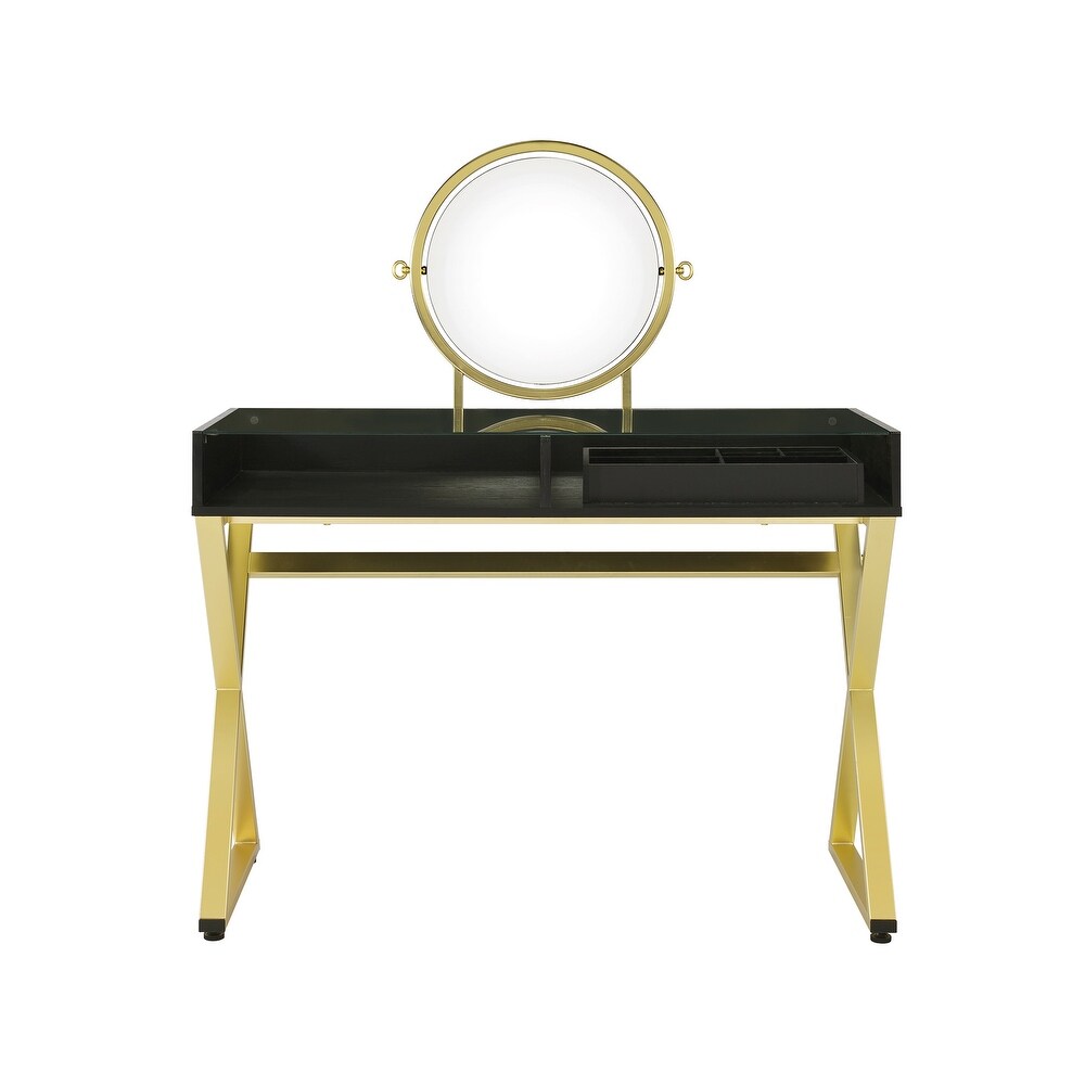 Gold Finish Vanity Desk with Mirror and Jewelry Tray