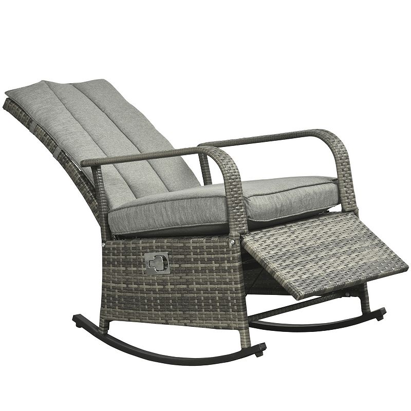 Outsunny Outdoor Rattan Wicker Rocking Chair Patio Recliner with Soft Cushion Adjustable Footrest Max. 135 Degree Backrest Cream