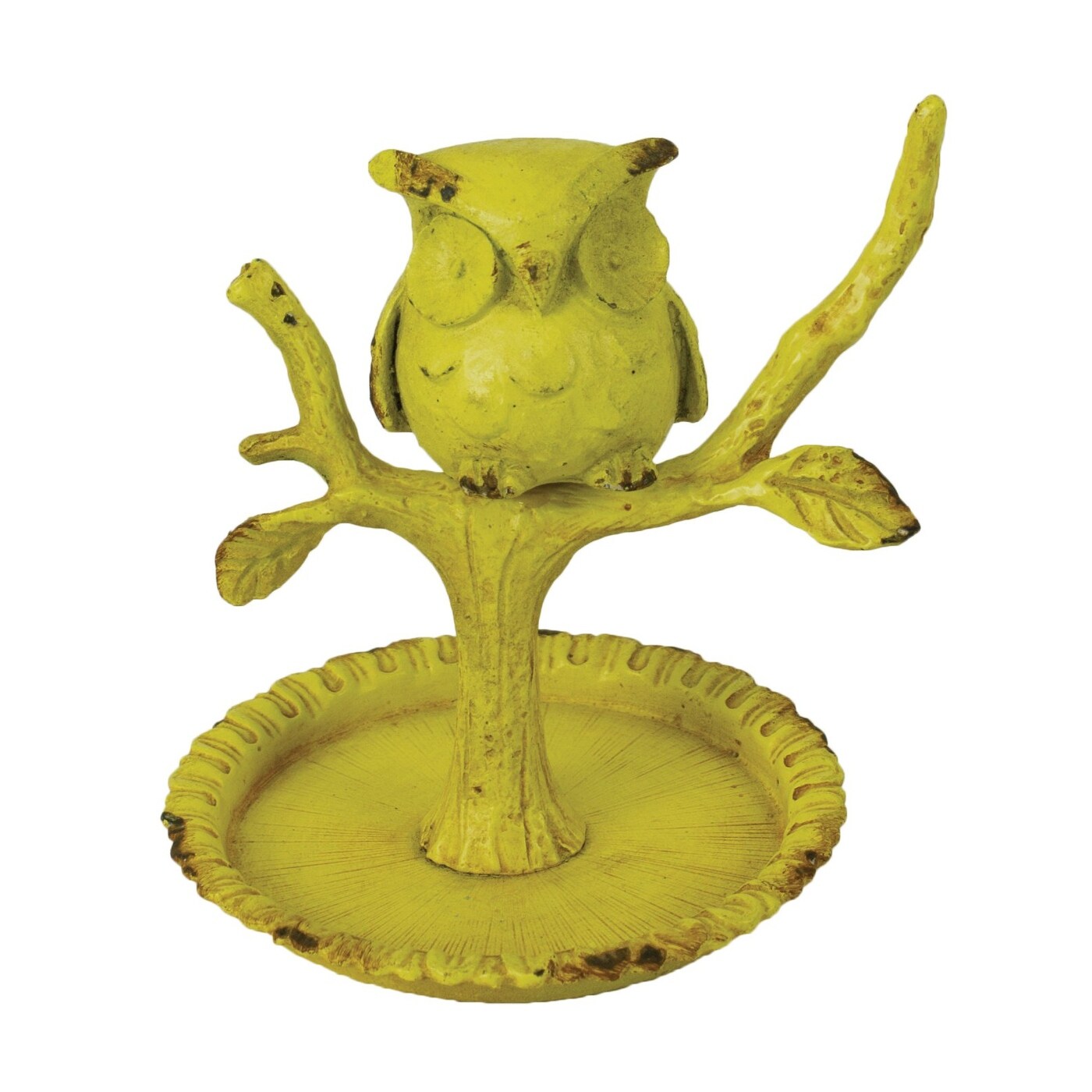 Wise Little Owl on Tree Branch Ring Jewelry Tray Pewter Yellow Tabletop Figurine