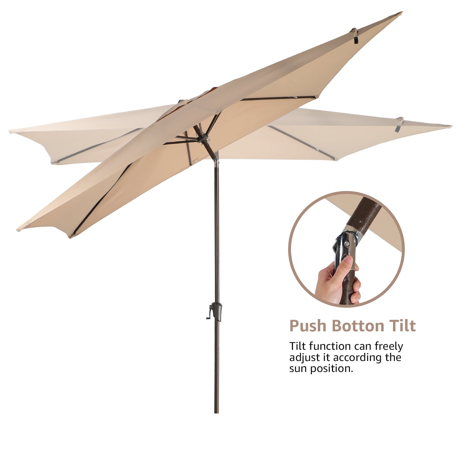 Rectangular Patio Umbrella, 6.6 x 9.8ft Outdoor Table Market Umbrella with Push Button Tilt/Crank, Beige