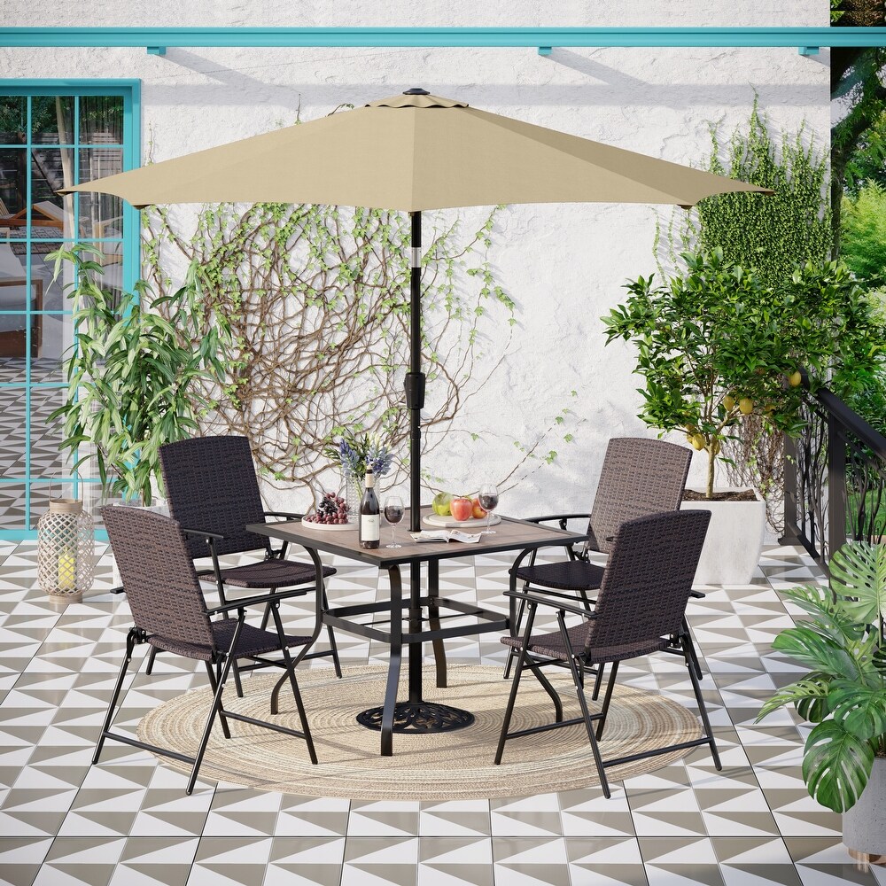 PHI VILLA 3/5 Piece Patio Rattan Folding Dining Set with 9ft Umbrella