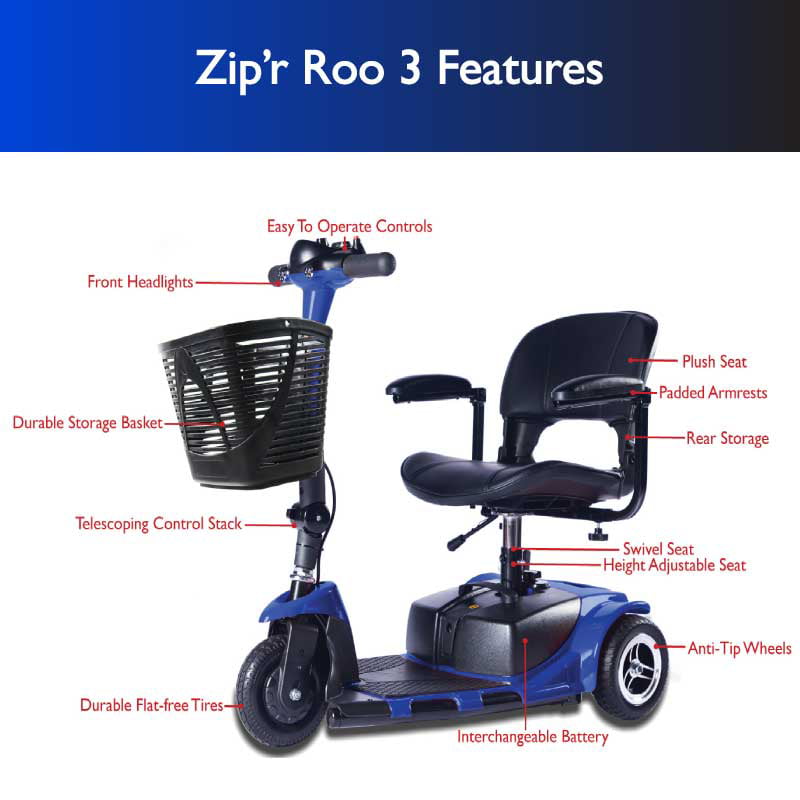 Zipr Roo 3 Wheel Scooter - Lightweight Folding Mobility Scooter - Travel 3 Wheel Mobility Scooter for Seniors, Adults, Handicapped, Elderly - Blue