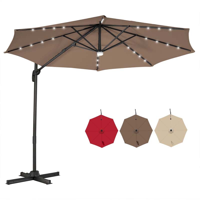 10 FT Cantilever Offset Patio Umbrella 28 Solar LED Lighted Market Umbrella with 3-Tilt Position, Crossed Base