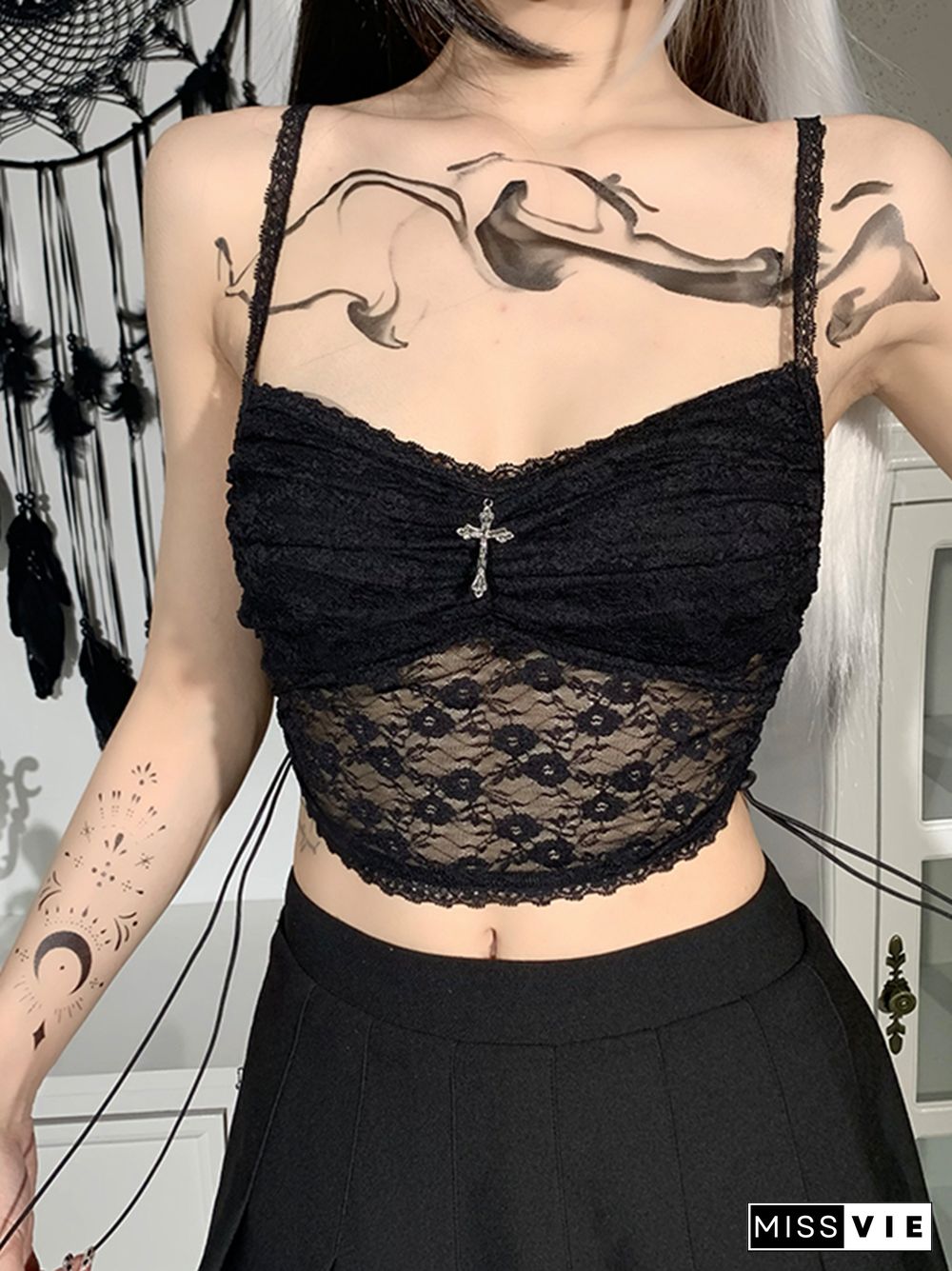 Mall Goth Cross Black Camis Vintage Aesthetic Lace Patchwork Velvet Camisole Grunge Spaghetti Straps V Neck Cropped Tops