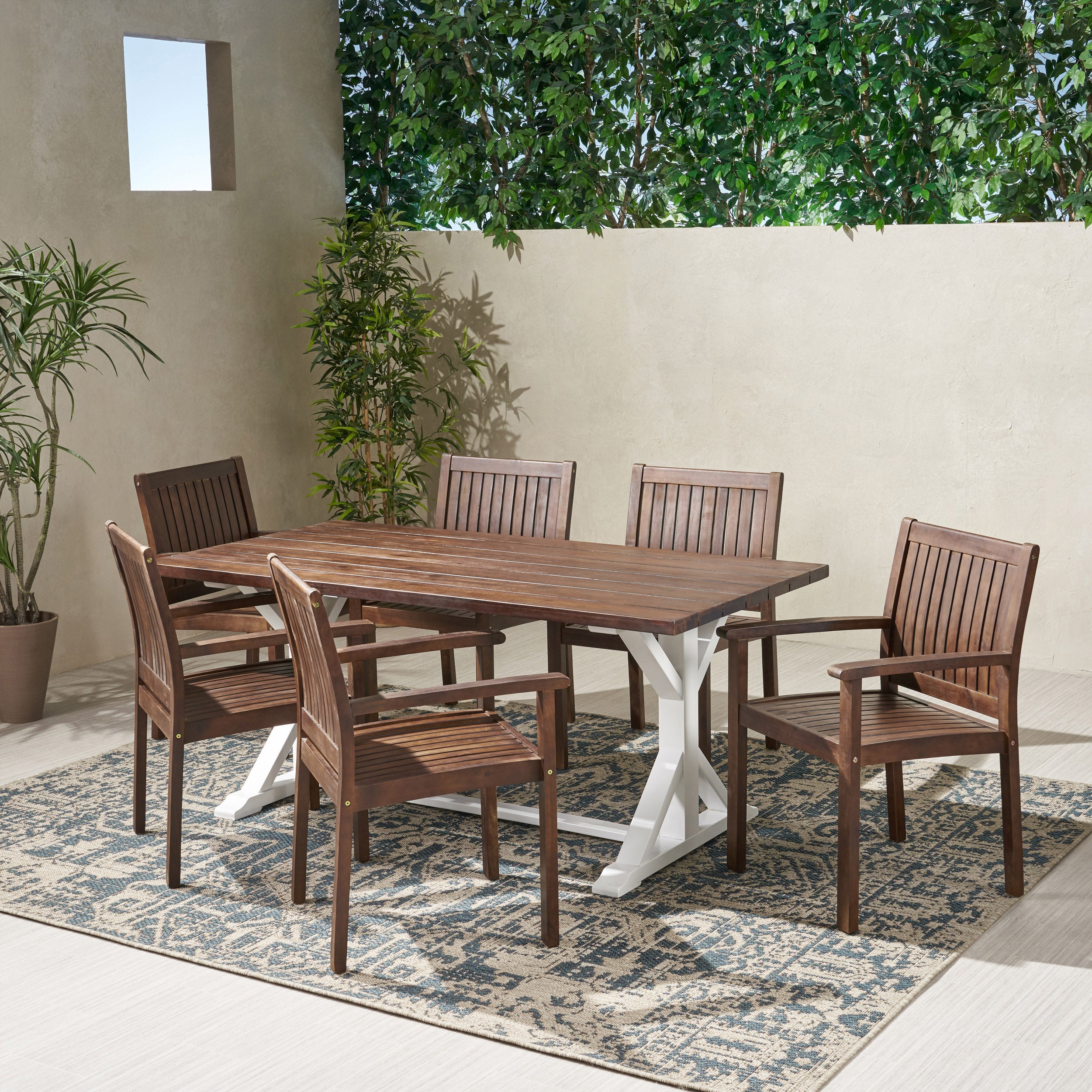 Mayo Outdoor Rustic Farmhouse Acacia Wood 7 Piece Dining Set