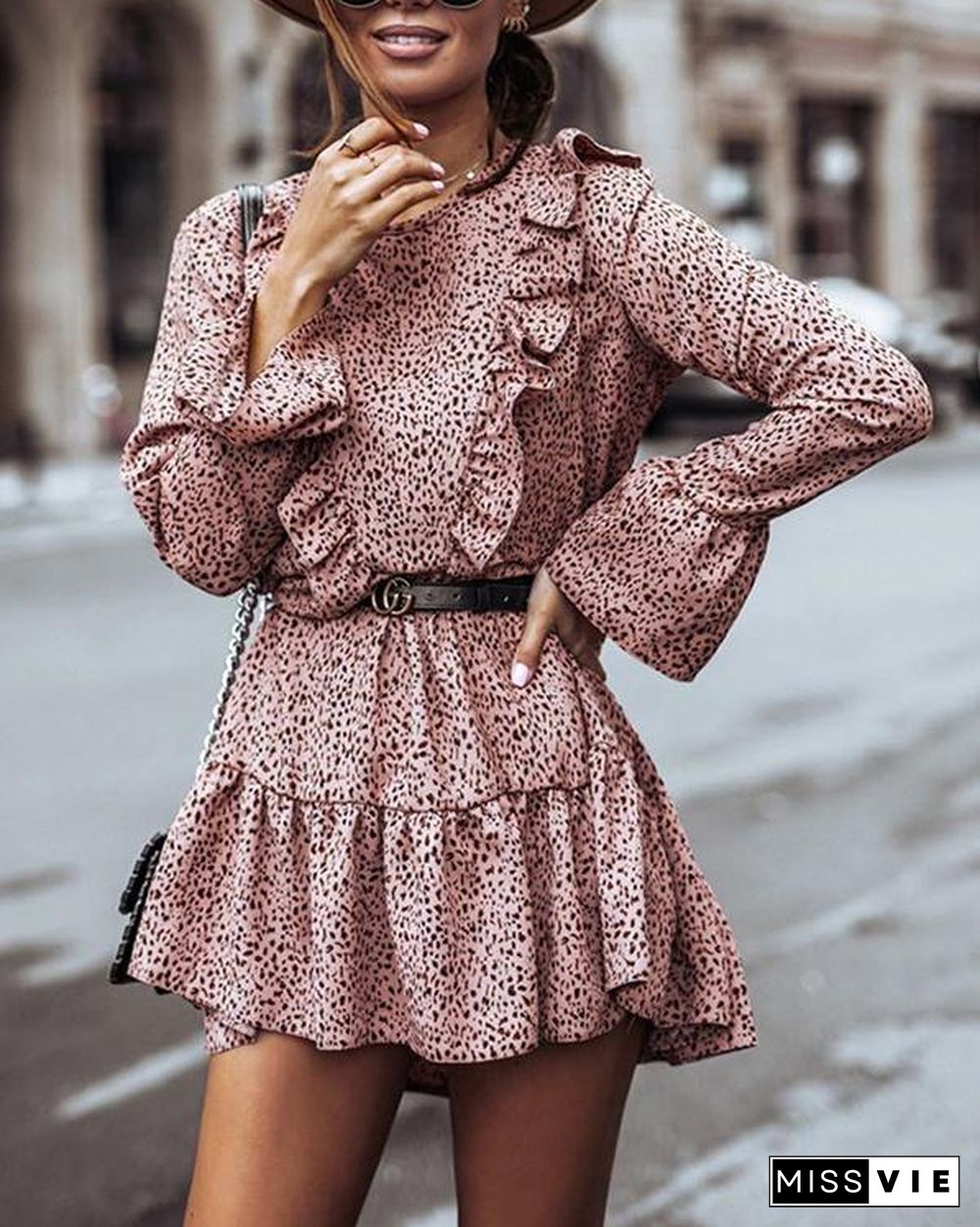 Leopard Printed Long Sleeve Mni Dress