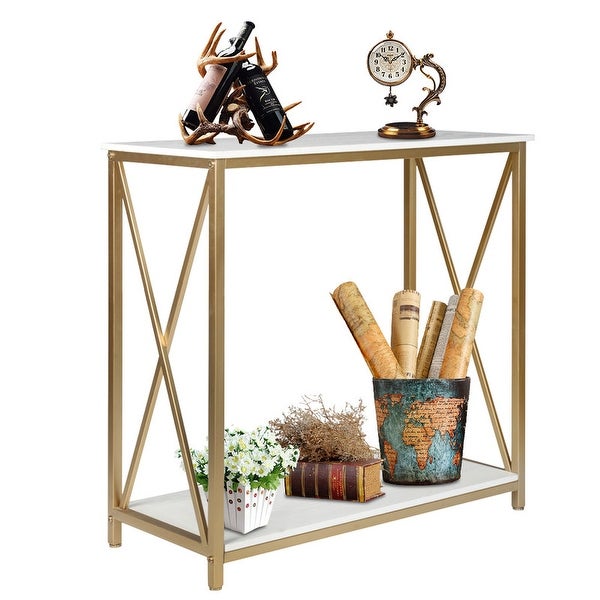 2-Tier Console Entry Table with Faux Marble Top and Gold Metal Frame