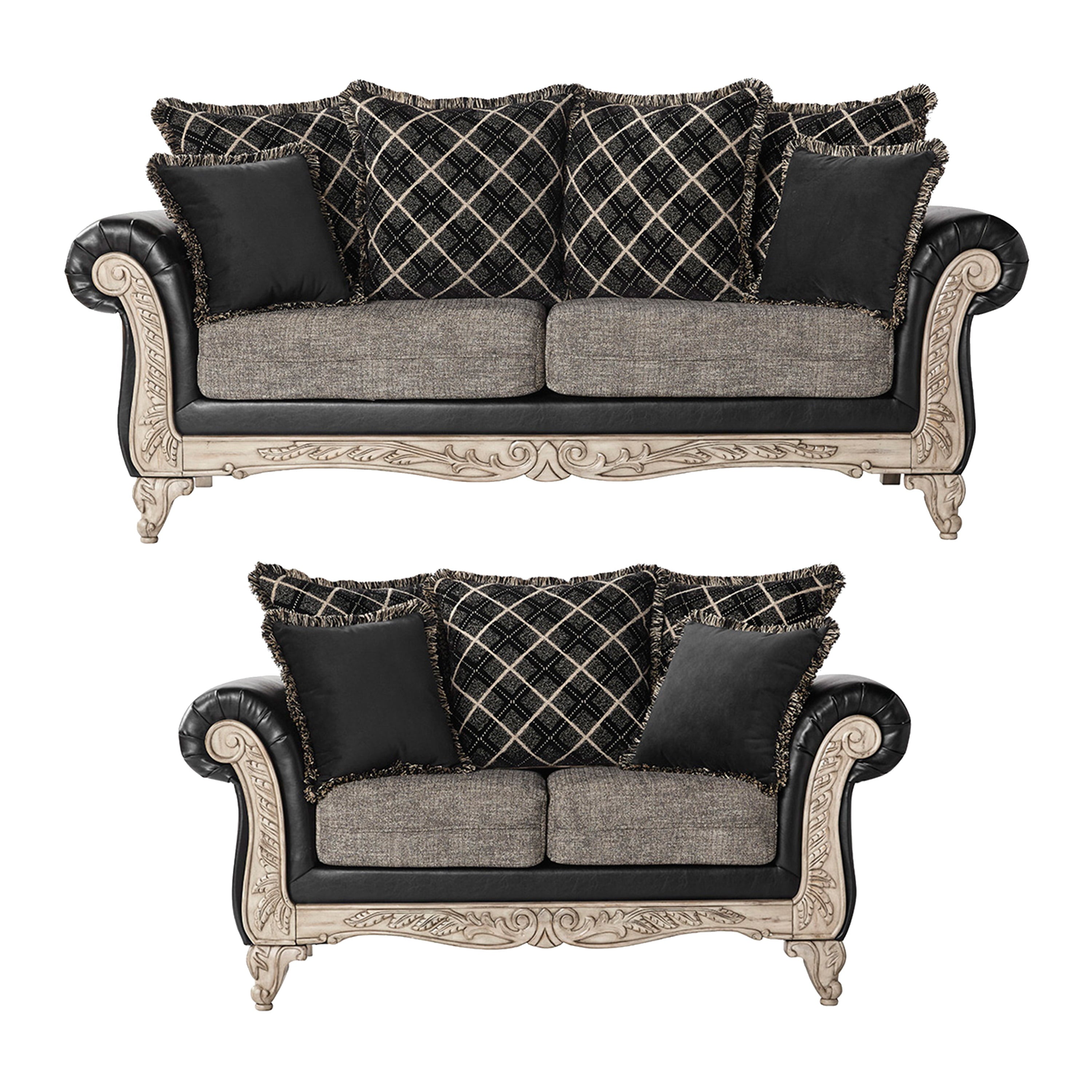 Roundhill Furniture San Marino 2-Tone Fabric Wooden Frame Sofa And Loveseat Set, Ebony