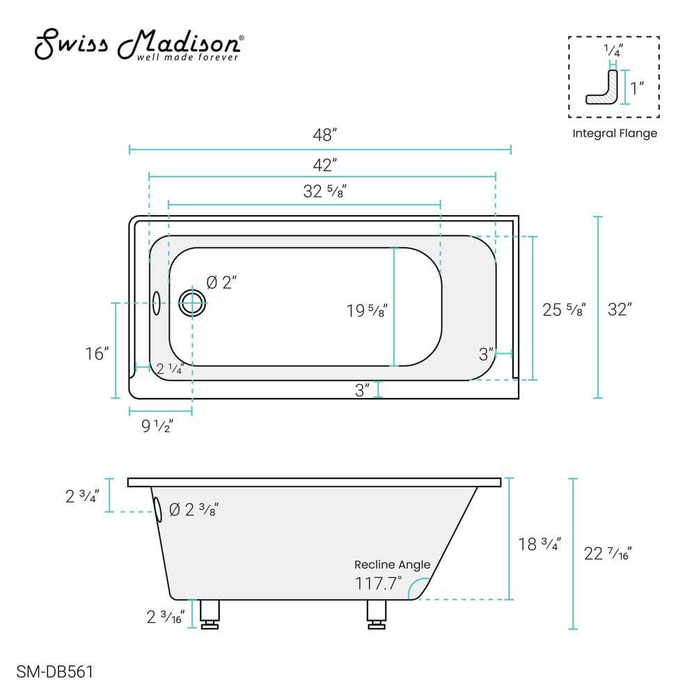 Swiss Madison Voltaire 48 in x 32 in Acrylic Rectangular Dropin LeftHand Drain Bathtub in Glossy White