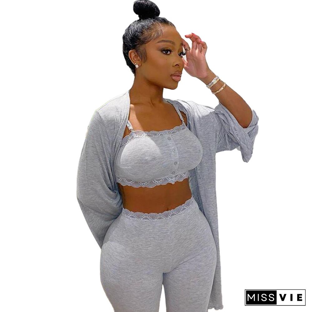 Long Sleeve Cardigan With Pants Home Wear 3 Piece Set