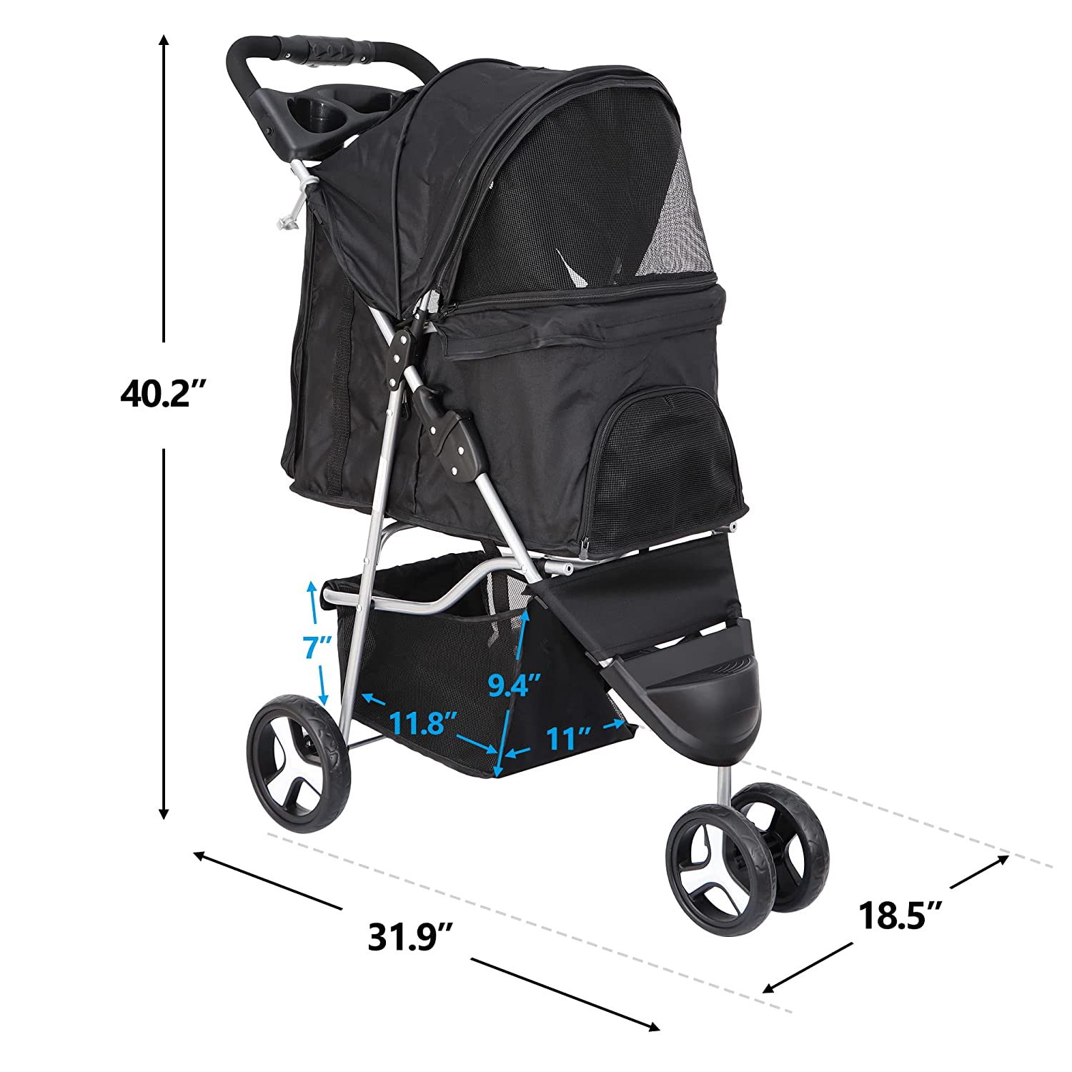 Foldable Pet Stroller for Cats and Dogs， 3 Wheels Carrier Strolling Cart with Weather Cover， Storage Basket + Cup Holder