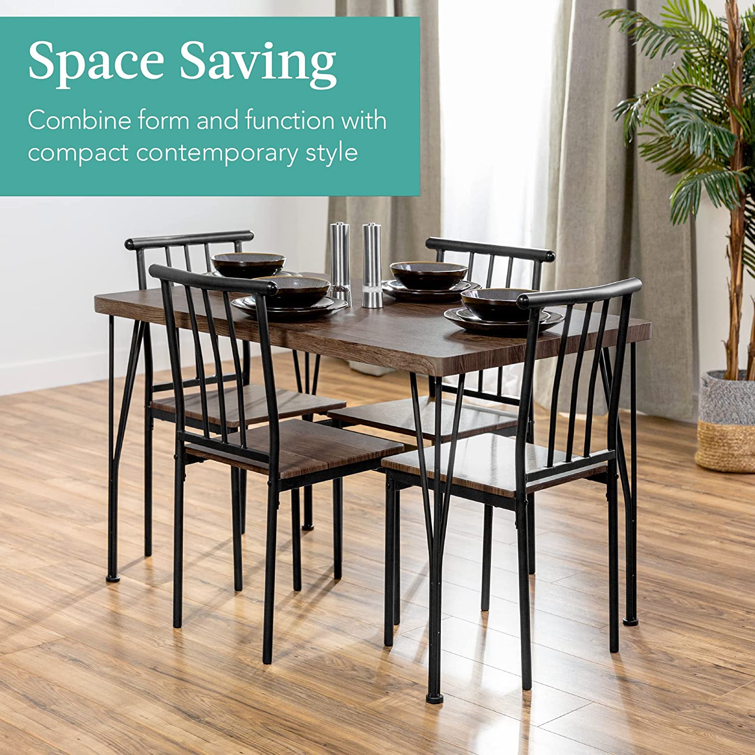 Best Choice Products 5-Piece Metal and Wood Indoor Modern Rectangular Dining Table Furniture Set for Kitchen， Dining Room， Dinette， Breakfast Nook w/ 4 Chairs - Drift Brown