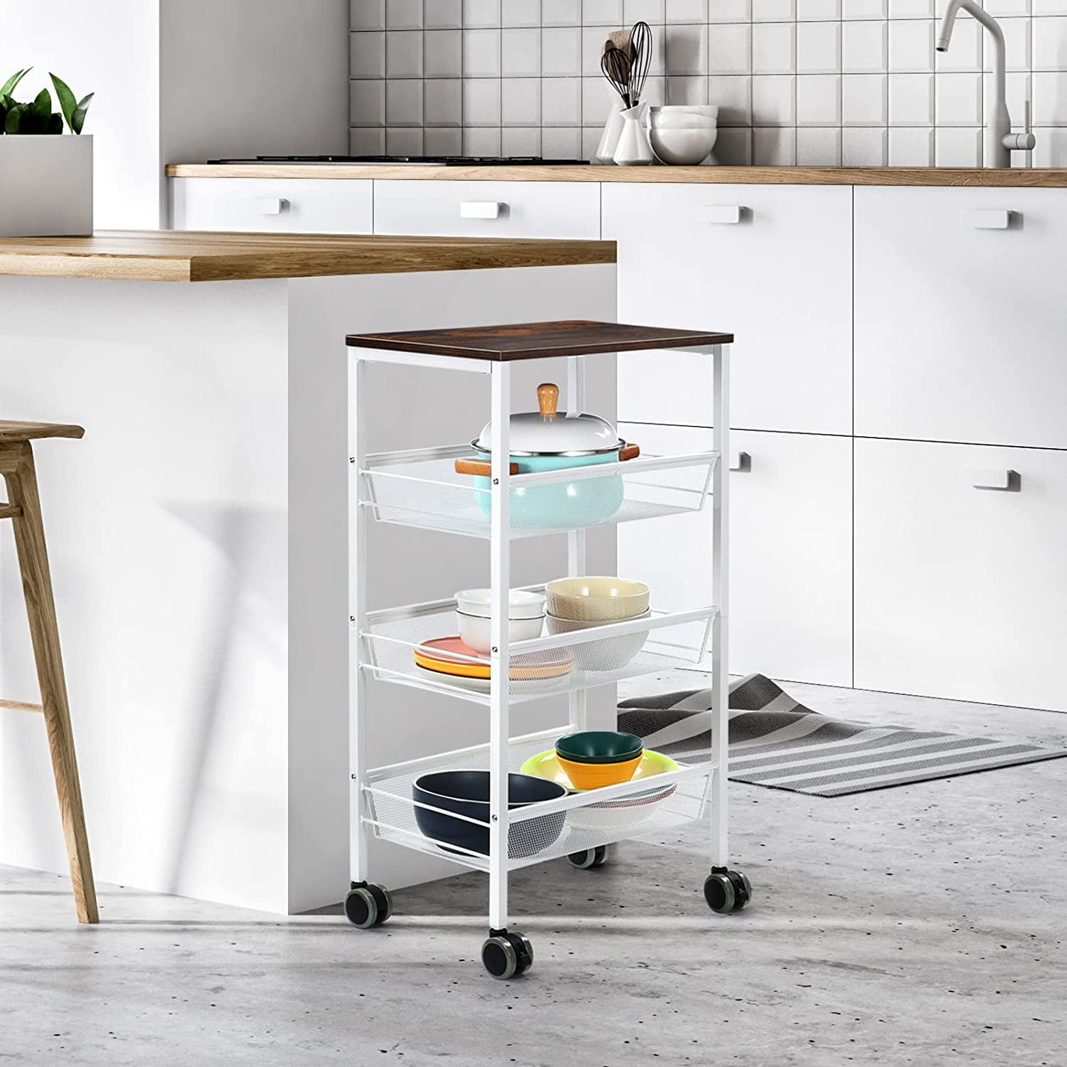 3 Tier Kitchen Storage Rack Cart with Lockable Wheels and Wood Top， White