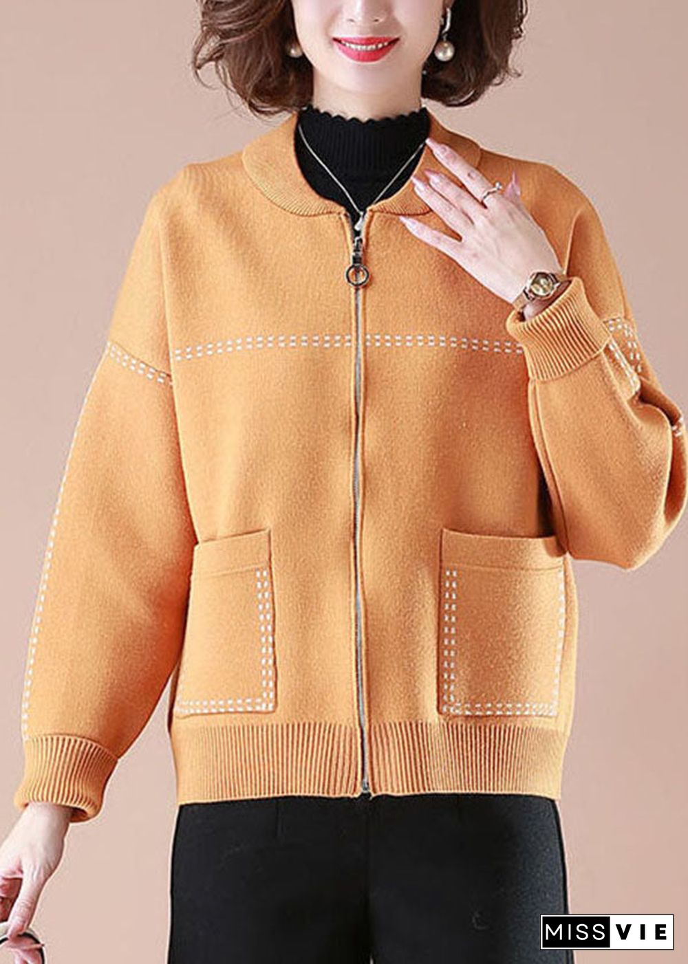 Stylish Orange O-Neck Zip Up Pockets Print Knit Coats Long Sleeve