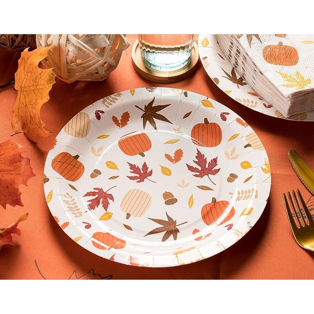 80 Count Disposable Paper Plates  Fall Foliage and Pumpkin Design  9 x 9 Inches